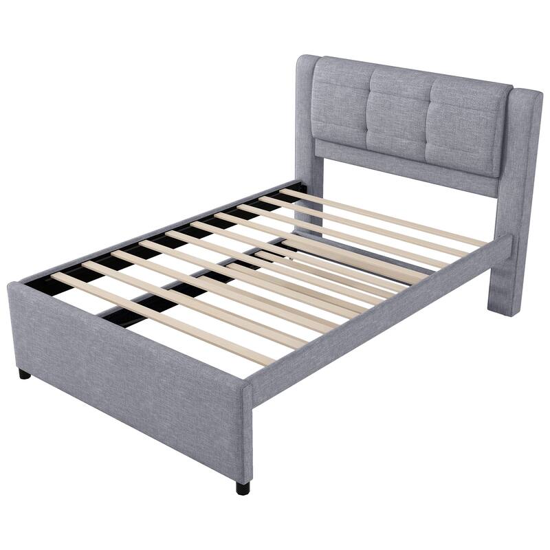 Full Size Upholstered Platform Bed with Adjustable Trundle, Gray