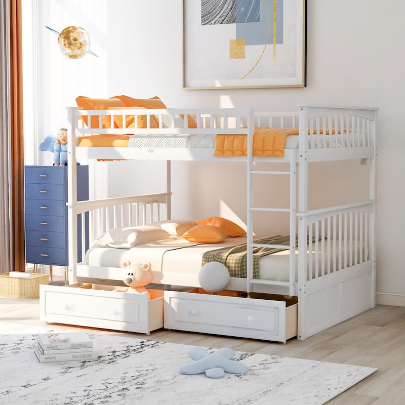 Twin/Full Convertible Bunk Bed with Wheels Drawers, Pine Wood Frame, Safety Guardrails, and Easy Assembly, White/Grey - White - Full
