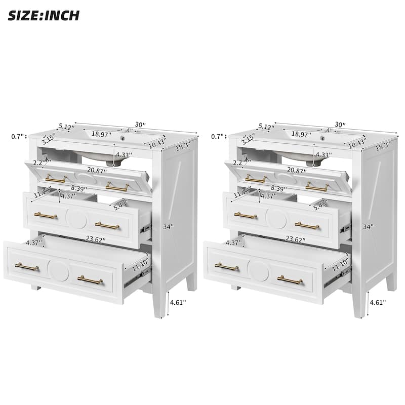 60 Inch Bathroom Vanity with Sink, Solid Wood Cabinet with Ceramic Basin, 3-Drawer Retro Style Storage