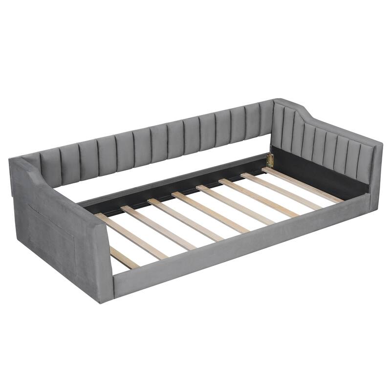 Upholstery Floor Bed Frame, Twin XL Size Daybed and Side Storage Pocket, Velevet Low Profile Bed, No Box Spring Required