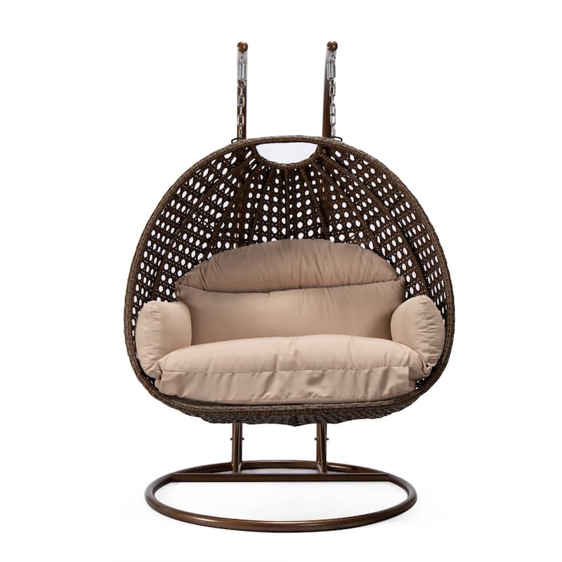 LeisureMod Mendoza Dark Brown 2 Seater Wicker Patio Hanging Double Swing Chair for Patio Porch Backyard Garden - 53"
