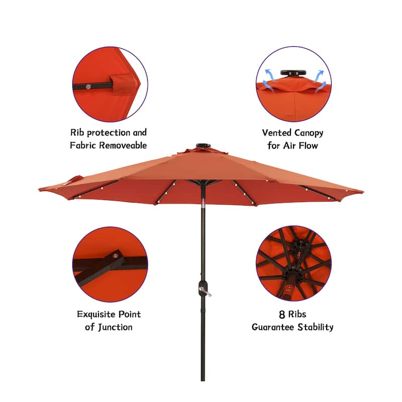 9 ft. Aluminum Market High Quality Solar LED Light Tilt Patio Beach Umbrella