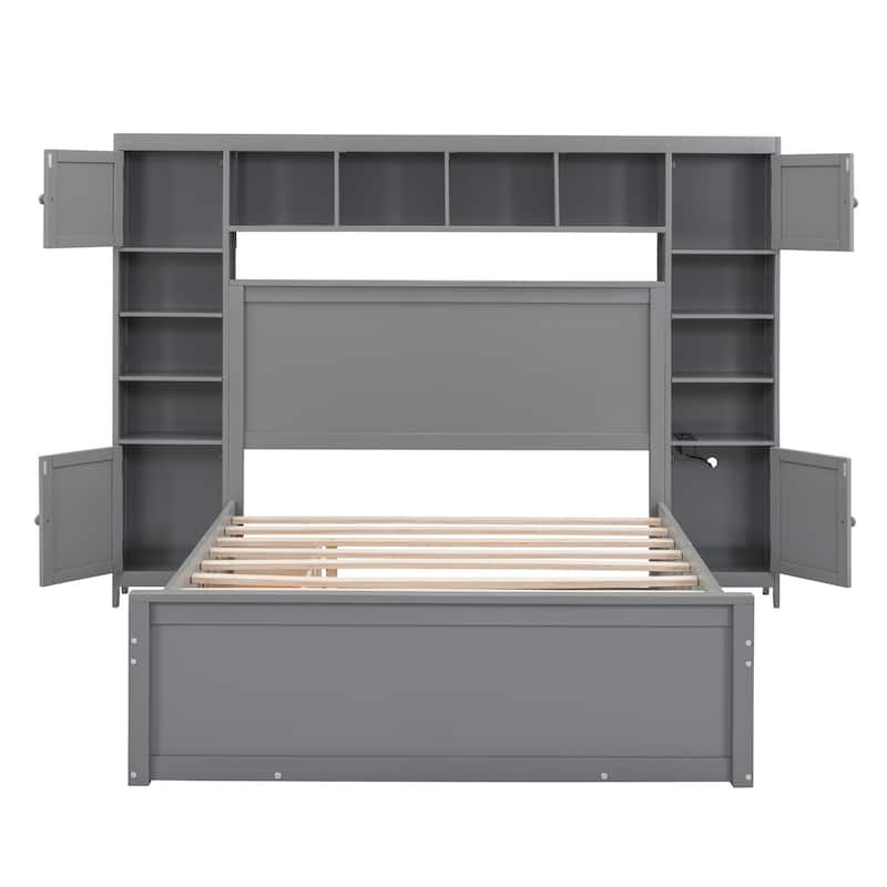 Merax Modern Wooden Bed With All-in-One Cabinet, Shelf and Sockets