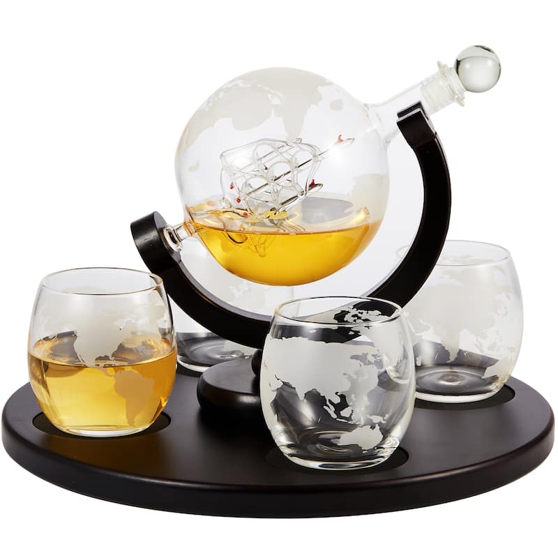 Berkware Globe Etched Whiskey Decanter With Interior Hand-Crafted Glass Ship - Gift Set with Globe Glasses