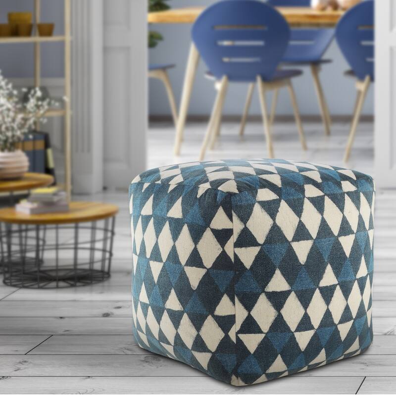 Blue Geometric Pouf Ottoman 20" Cotton Footrest for Modern Living Room and Home Seating