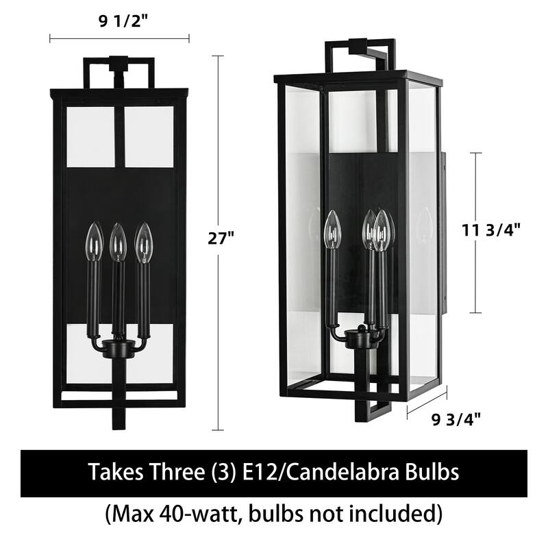 Matte Black Farmhouse Outdoor Wall Lantern Sconce - 3 Variants (16in 1-Light/22in 2-Light/27in 3-Light), Clear Glass, Wet Rated