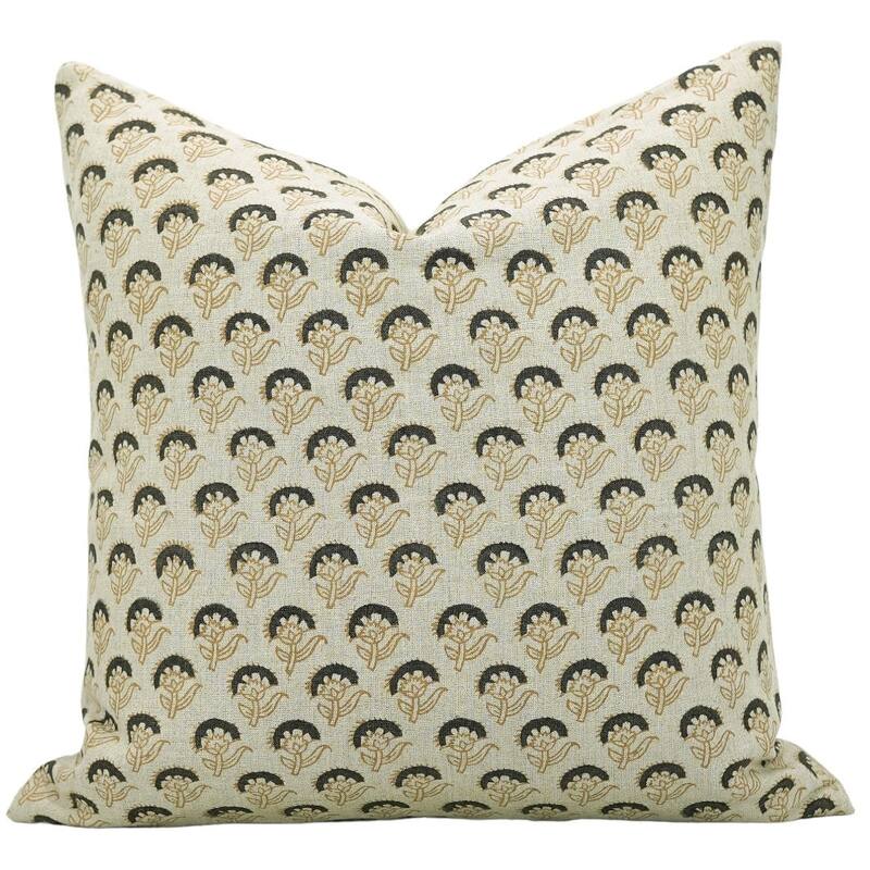 Linen Farmhouse Block print pillow Cover - Juju Flower - Pillow Covers - 14" x 36"
