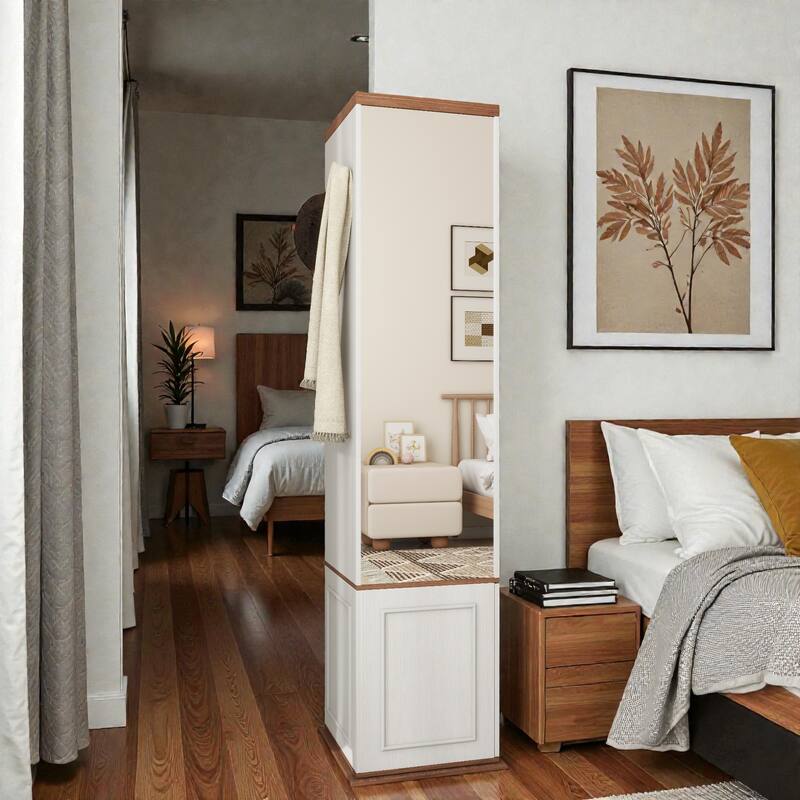 360掳 Rotating Storage Cabinet with Full-Length Mirror, Hooks & Shelves, Swivel Organizer for Entryway, Living Room