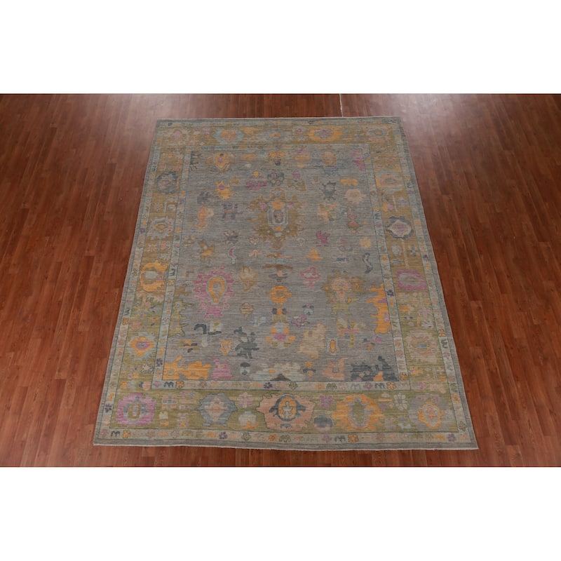 Hand Knotted Oriental 100% Wool Carpet Transitional All-Over Greys & Charcoal Oushak Area Rug - 9' 3'' X 7' 9''