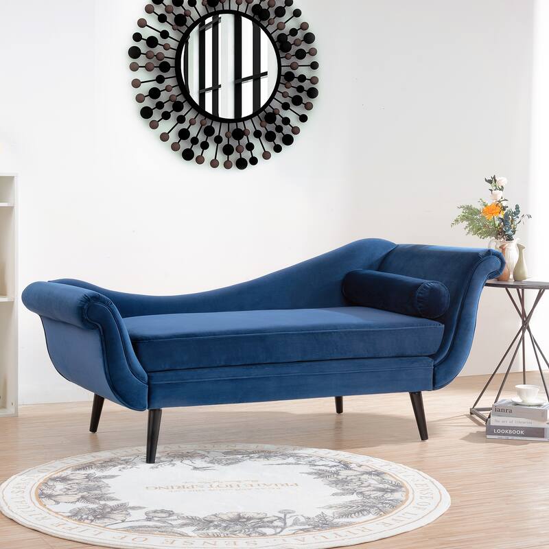 Chaise Lounge Indoor with Scroll Arms,Upholstered Chair Recliner Couch with Rolled Accent Pillow and Solid Wood Legs - Blue