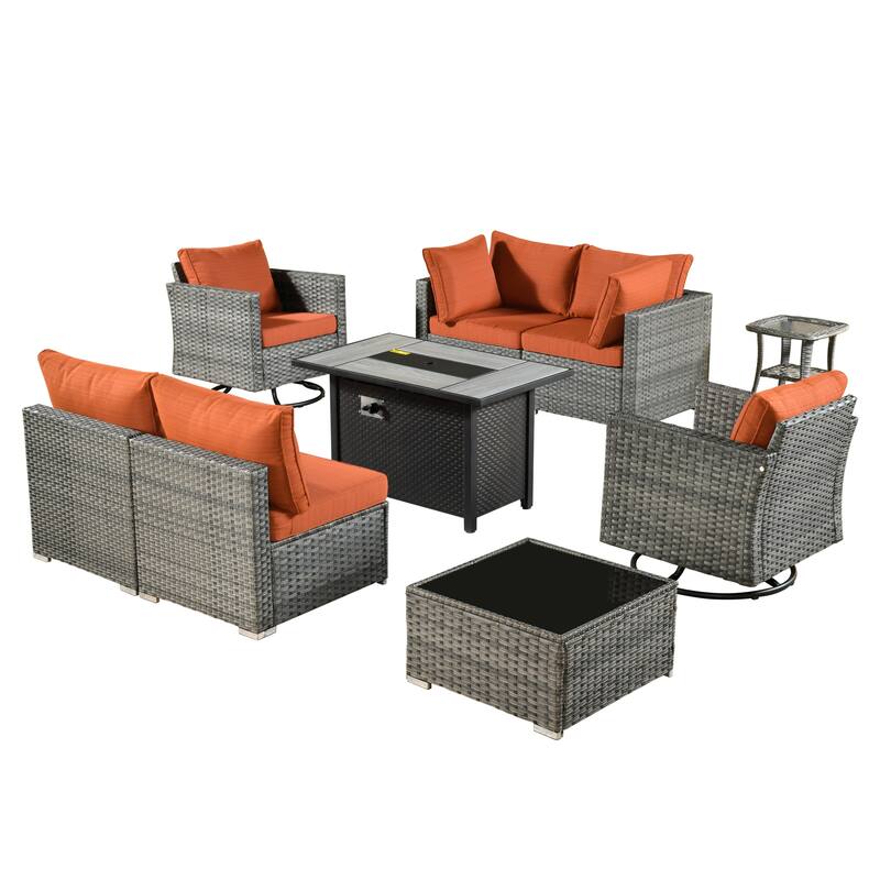 HOOOWOOO 9-piece Grey Rattan Outdoor Furniture Fire Pit Set with Swivel Chairs