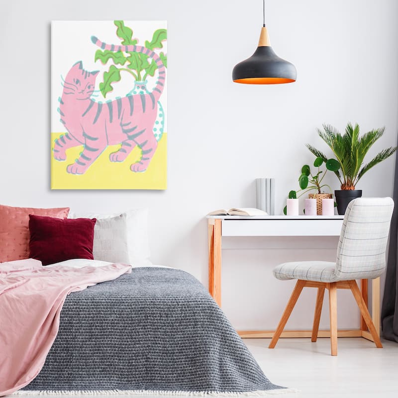 Stupell Pink Cat & House Plant Canvas Wall Art Design By Hannah Moren