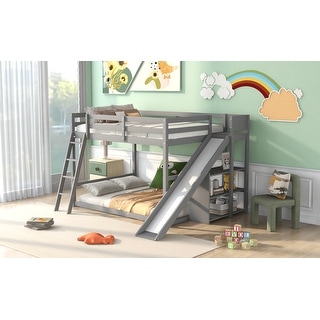 Full over Full with Ladder, Multiple Shelves Under Slide, Low Bunk Bed