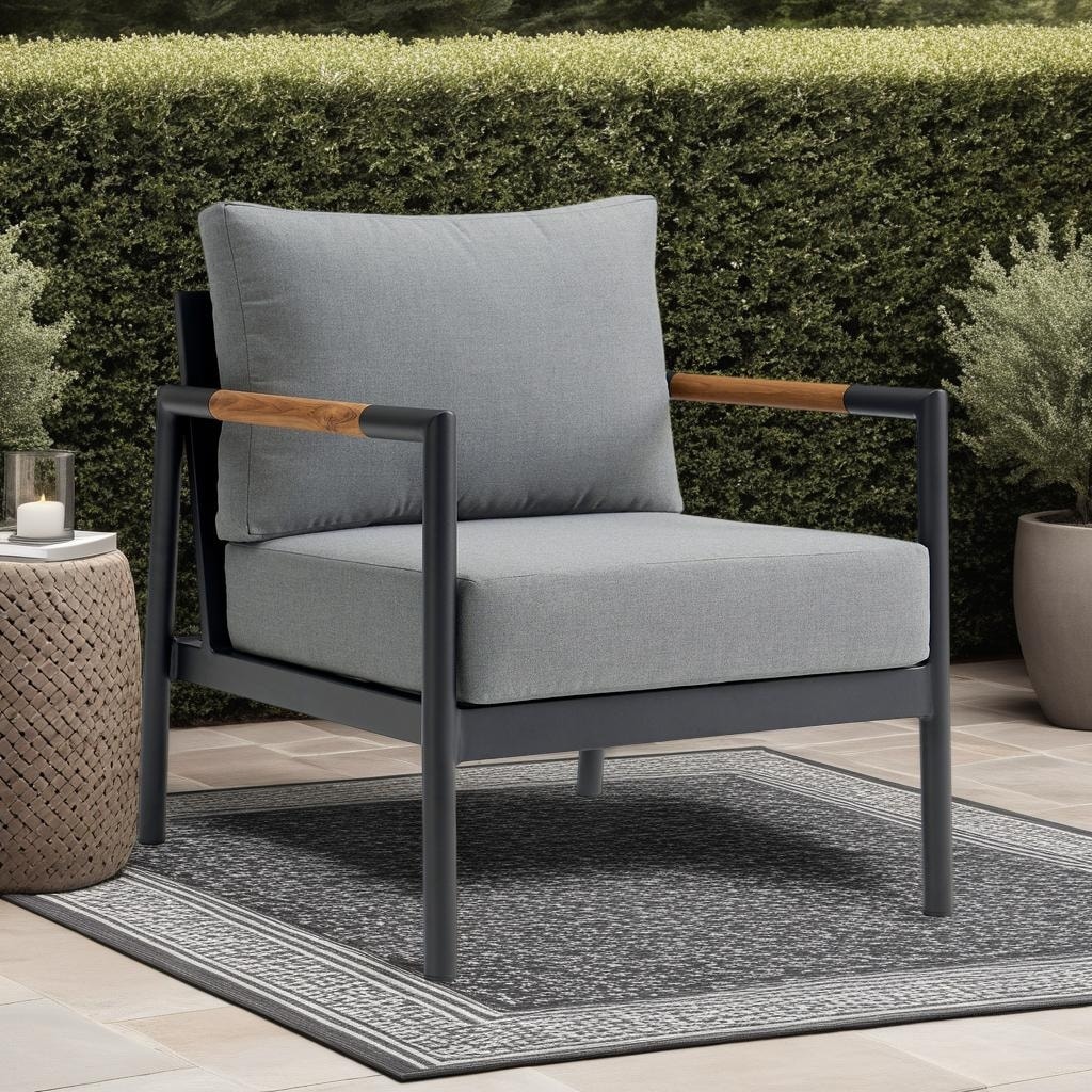 Crown Black Aluminum and Teak Wood Outdoor Chair with Gray Cushions