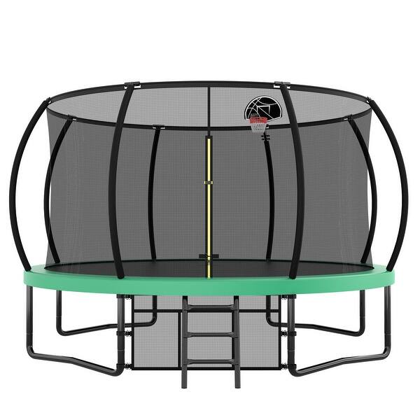 slide 2 of 14, 14ft Green Round Outdoor Trampoline with Safety Enclosure Net and Ladder Kids - 168.11" x 168.11"