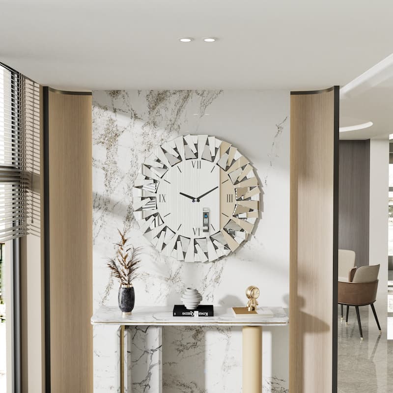 Round Sunburst Glass Mirror with Wall Clock - 31.49" Dia