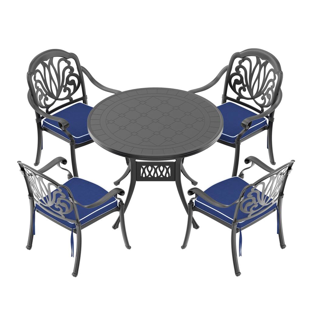 5-Piece Cast Aluminum Outdoor Dining Set with 39.37 in. Round Table and Random Color Seat Cushions