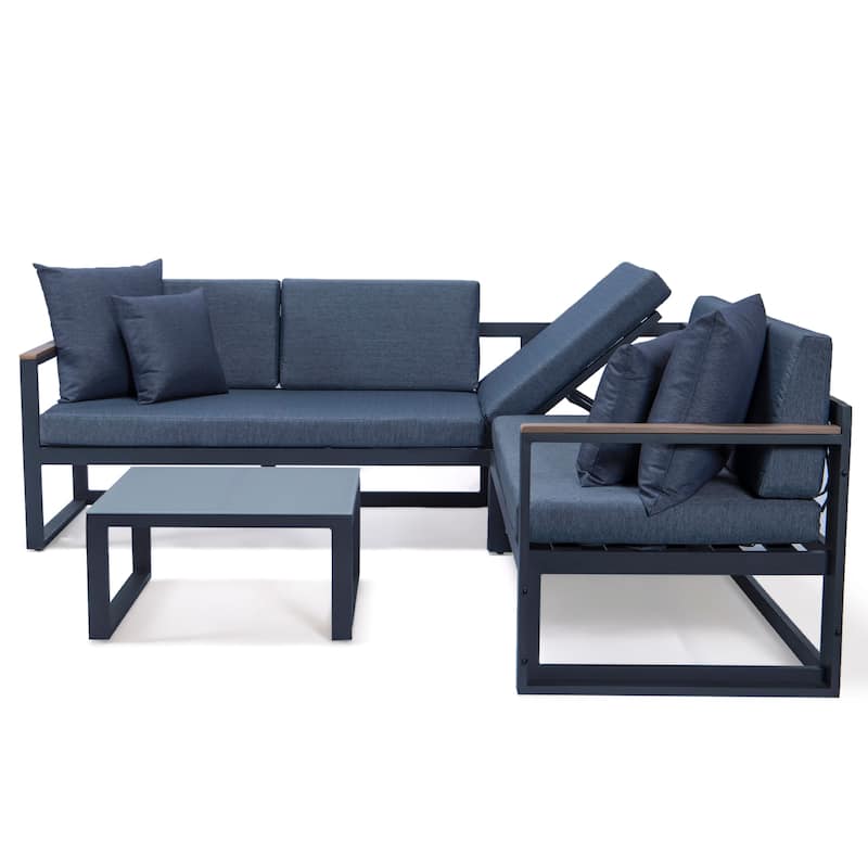 Chelsea 3-Piece Adjustable Headrest All-Weather Sectional Set in Aluminum Frame with Removable Cushion Covers for Indoor/Outdoor