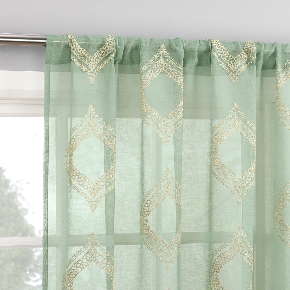 No. 918 Ravenna Embroidered Medallion Sheer Rod Pocket 1-Piece Curtain Panel, Single Panel