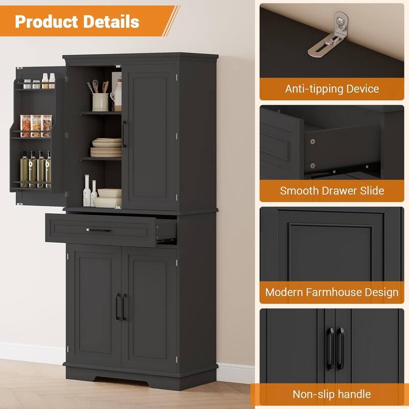 72in Kitchen Storage Pantry Cabinet for Dining Room,Adjustable Shelves