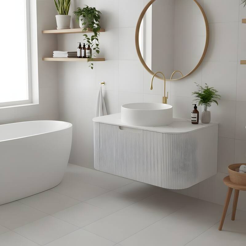Wall Mounted Bathroom with White Round Ceramic Basin and Drawer
