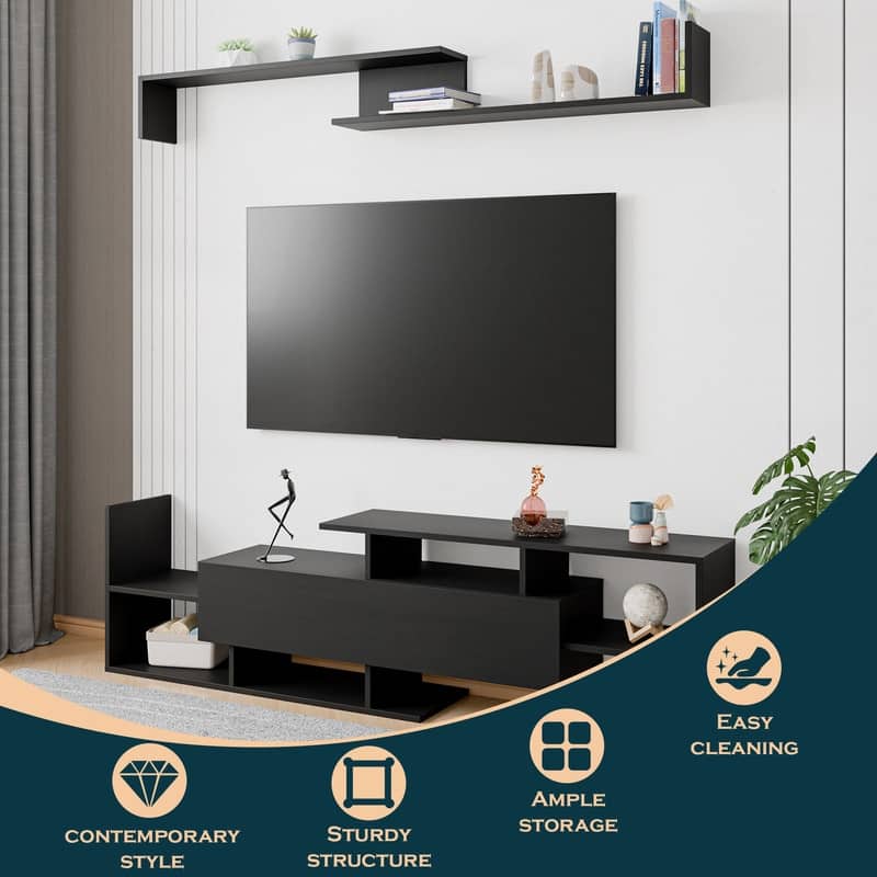 Surrey Multi-functional 60-Inch Modern Wood TV Console with Drawer, Book Case and Open Shelves in Stained Wood Finish