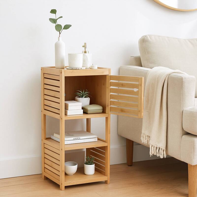 Compact Bathroom Storage Cabinet with Open Shelves and Vented Door, Natural - Trinidad Collection - 24.8"L x 9"W x 70.5"H