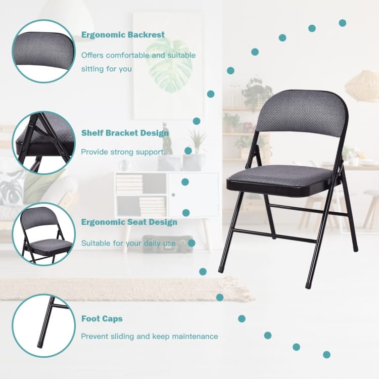 Black Fabric Upholstered Folding Chairs with Padded Seat and Sturdy Metal Frame - 18" x 20" x 30"