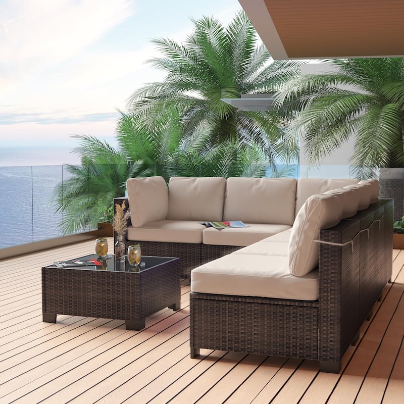 Patio Funiture Set 7 Pieces Outdoor Rattan with Detachable Soft Cushions Patio Conversation Sets
