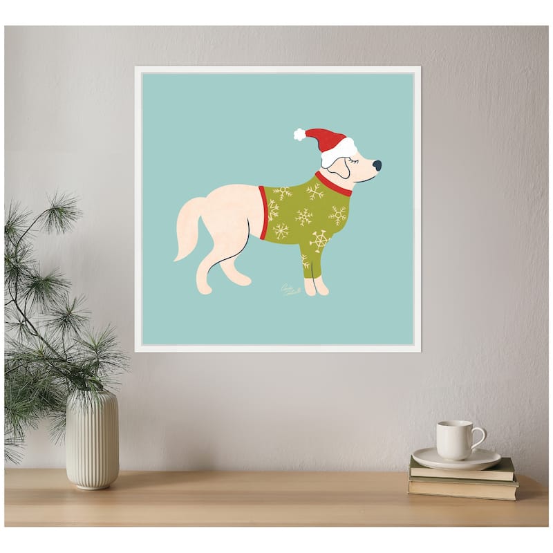 Kate and Laurel Framed Canvas Cute Christmas Golden Retriever by Carrie Cantwell