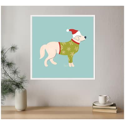 Kate and Laurel Framed Canvas Cute Christmas Golden Retriever by Carrie Cantwell