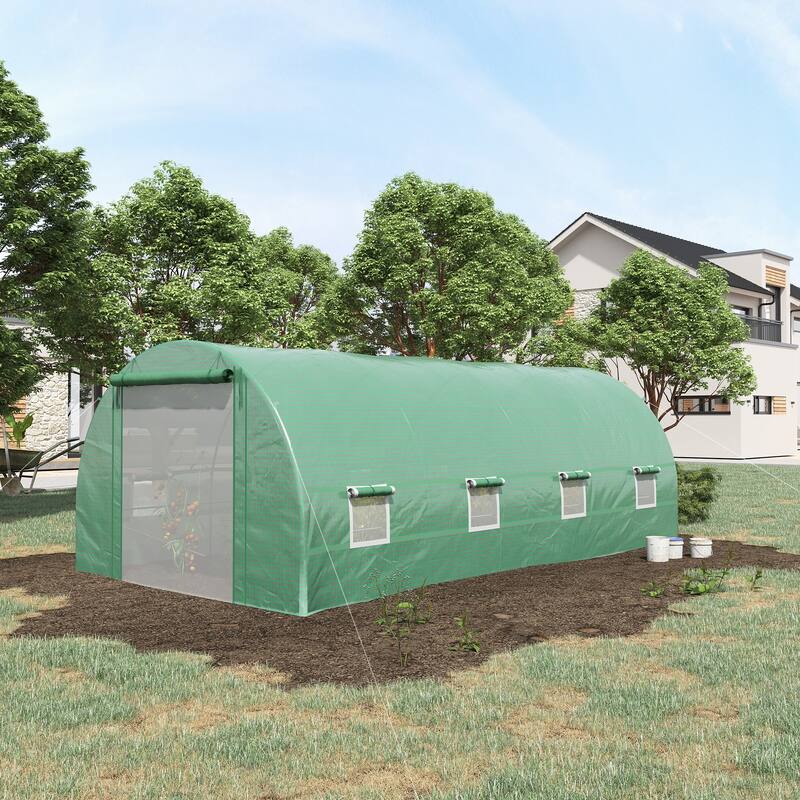 Outsunny 19' x 10' x 7' Walk-In Tunnel Greenhouse Garden Warm House Large Hot House Kit with 8 Roll-up Windows & Roll Up Door - Grow Tent