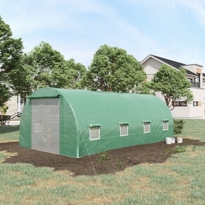 Outsunny 19' x 10' x 7' Walk-In Tunnel Greenhouse Garden Warm House Large Hot House Kit with 8 Roll-up Windows & Roll Up Door