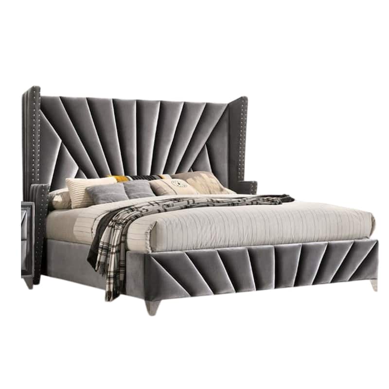 Ino Queen Size Bed w Wingback Headboard, Gray Fabric Upholstery