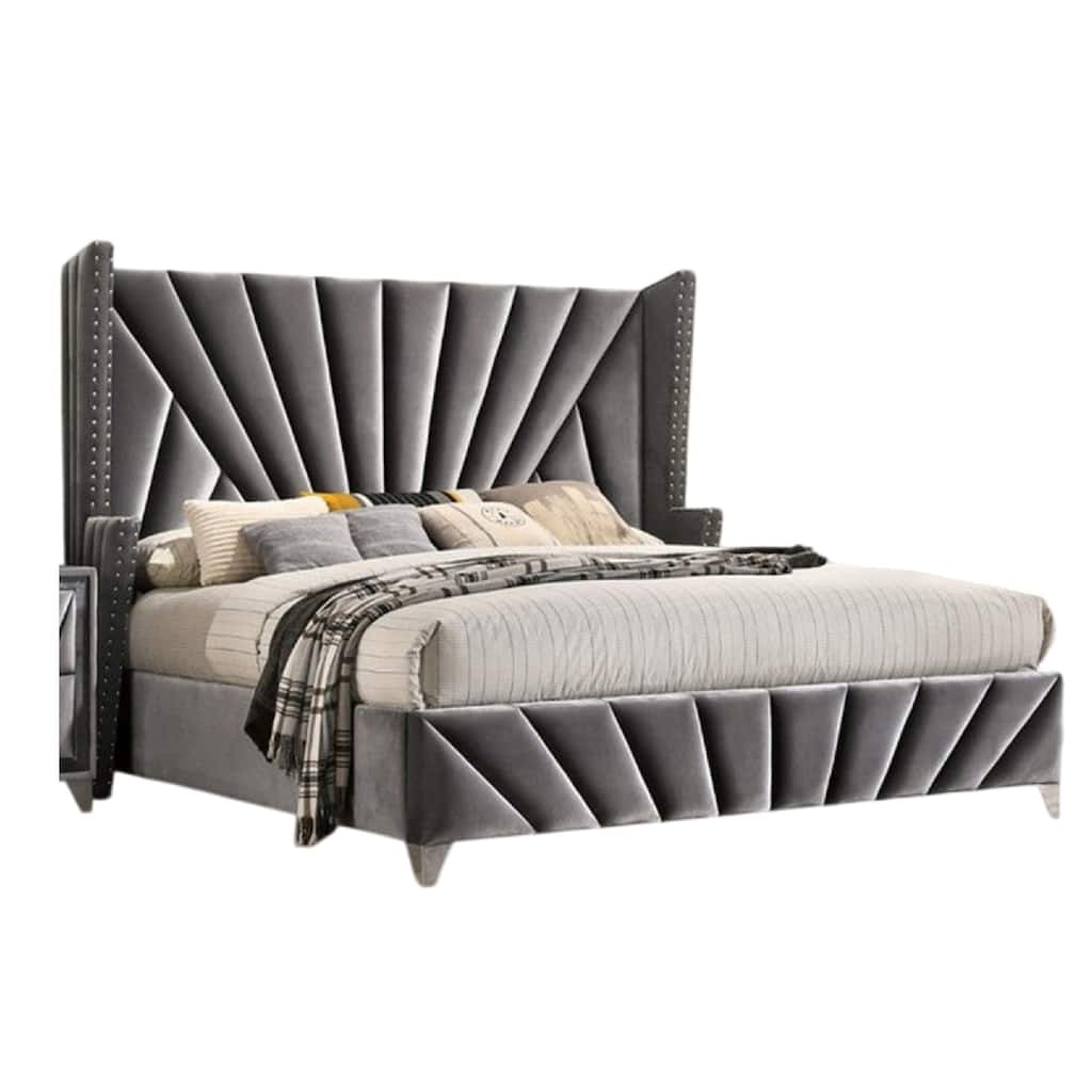 Ino Queen Size Bed w Wingback Headboard, Gray Fabric Upholstery