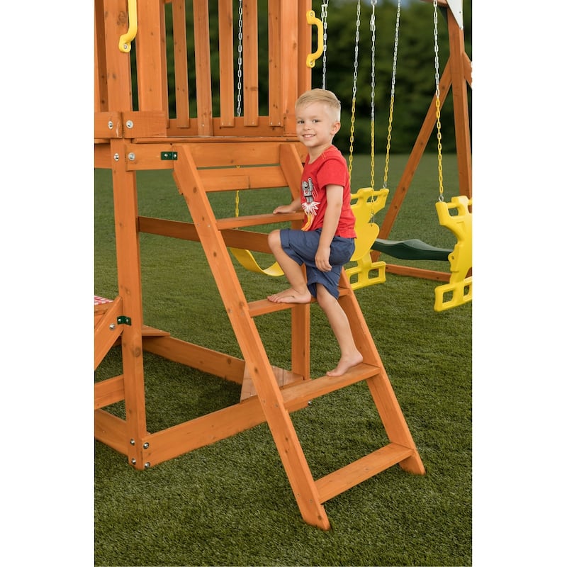Sky View Wooden Swing Set with Slide, Glider, Picnic Table, and Playset Accessories