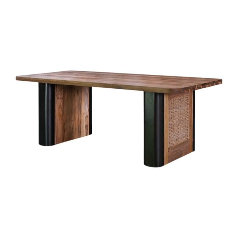 HomeRoots 71" Natural and Black Reclaimed Wood And Rattan Dining Table - 70.80 in. x 30.70 in. x 39.40 in.