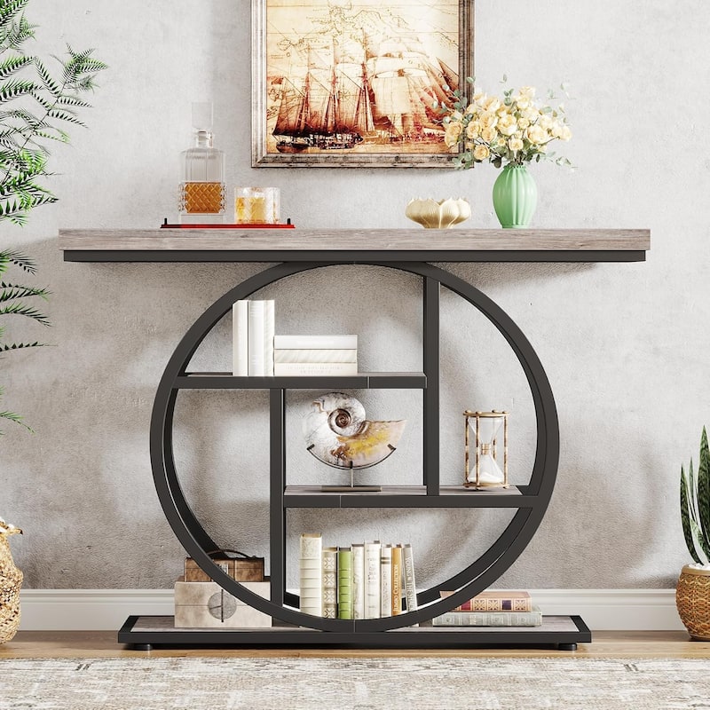 41.3" Console Table, Industrial 4-Tier Entryway Table with Circle Base - 41.3" W x 11.8" D x 31.5" H