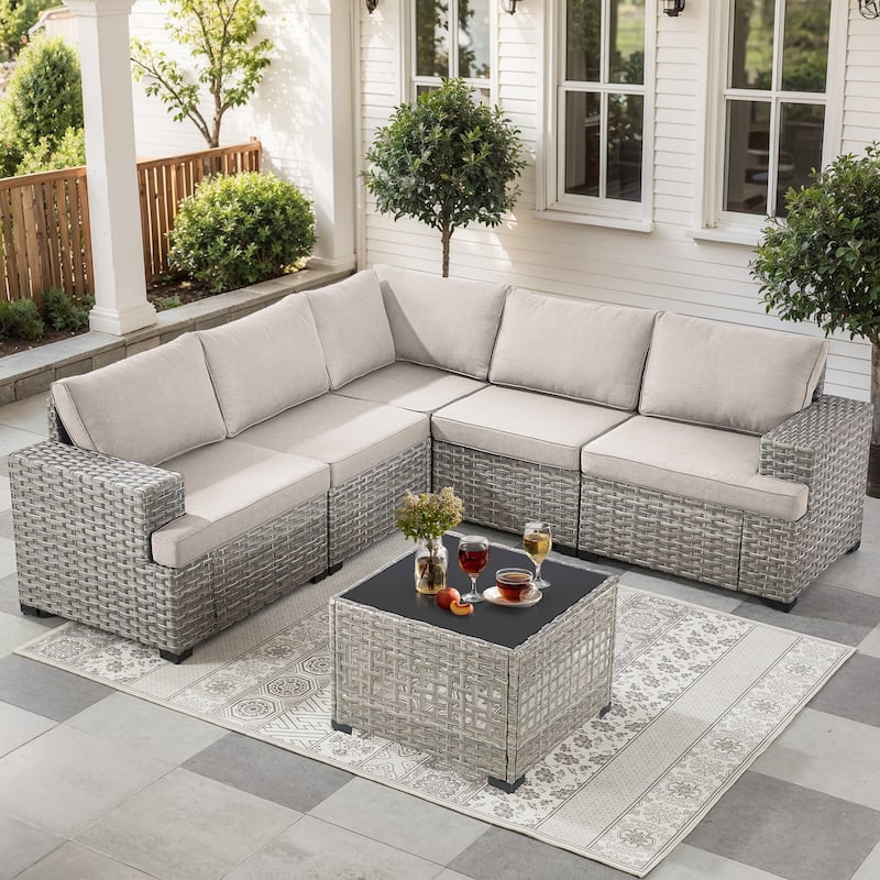 Gymojoy Outdoor Wicker Sectional Sofa Set with Glass Table, Wide Armrests & Water-resistant Cushions, Patio Furniture for Garden - Beige - 2-Piece