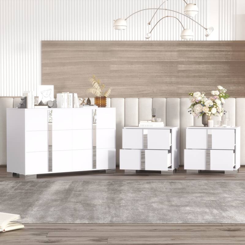 Roomfitters 3-Piece Bedroom Set, Elegant 6-Drawer Dresser and 2 Nightstands with Metal Handles - White