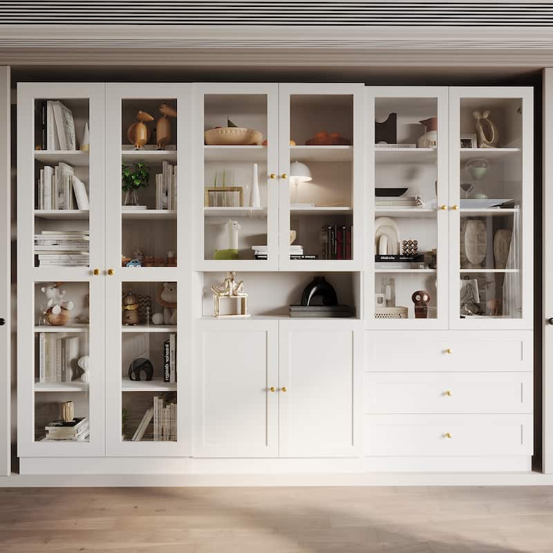 Bookcase Display Cupboard Curio Cabinet 2 Glass Door White Lacquer - 70.9"Hx31.5"W