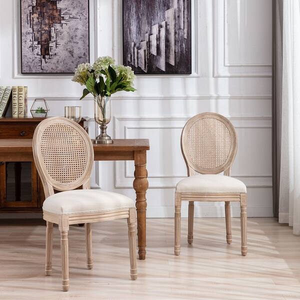 slide 2 of 9, French Dining Chair with Natural Rubber Legs, Upholstered Fabrice and Rattan Back,Beige (Set of 2) Beige+Brown