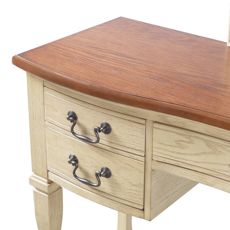 Vanity Desk with Curved Flower Frame Mirror, Dressing Table Set with 5 Drawers & Leather Stool, Wood Makeup Table for Bedroom