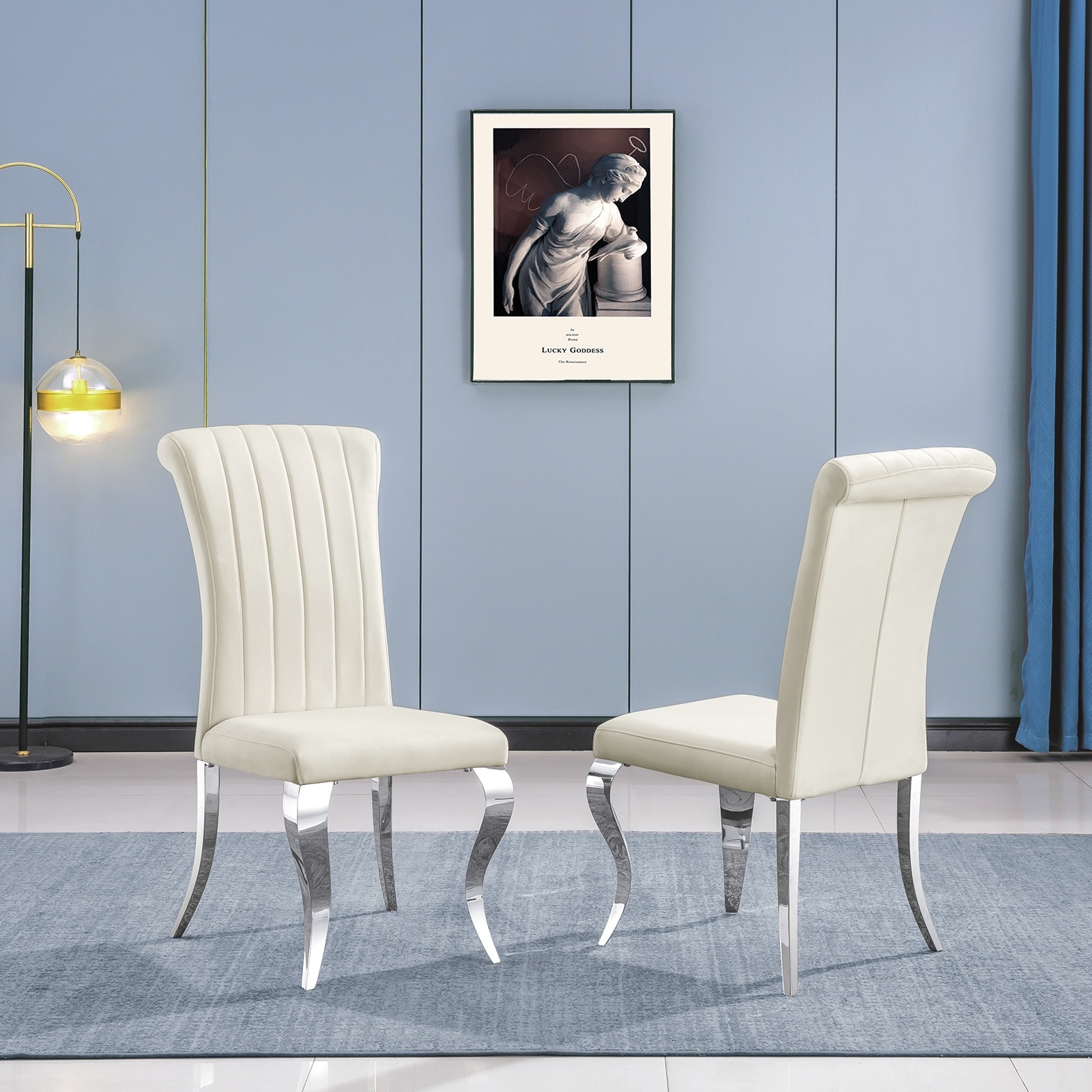 Dining Room Chairs in Velvet and Metal Cabriole Stainless Steel Legs N A Grey Silver