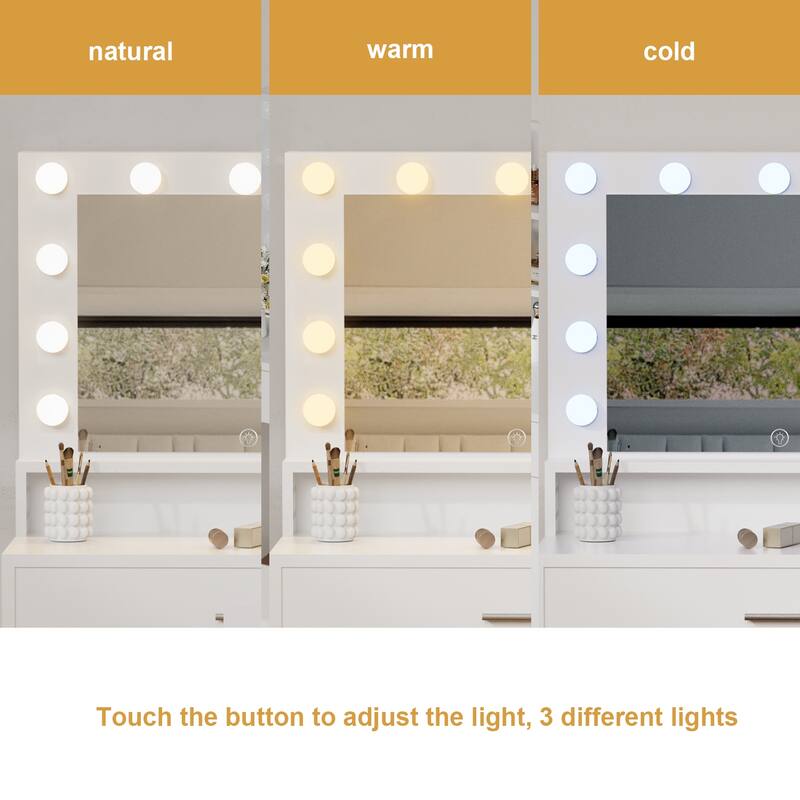 Kullavik Makeup Vanity Desk Set with Stool, Adjustable Lighted Mirror and Storage