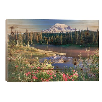 Mt Rainier And Wildflowers At Reflection Lake, Mt Rainier National Park, Washington Print On Wood by Tim Fitzharris
