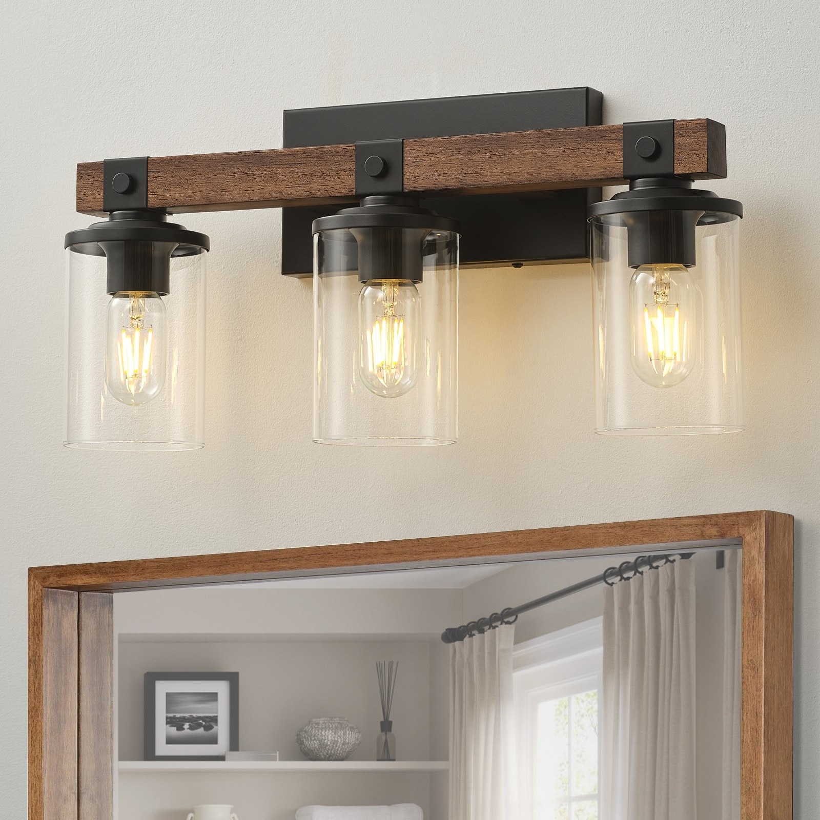Starsky 2/3/4/5-Light Modern Farmhouse Dimmable Bathroom Glass Vanity Light with Clear Cylinder Shade.