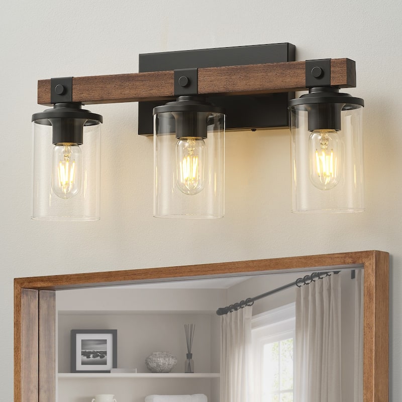 Starsky 2/3/4-Light Modern Farmhouse Dimmable Bathroom Glass Vanity Light with Clear Cylinder Shade - 19.48''-3Light - Brown Wood