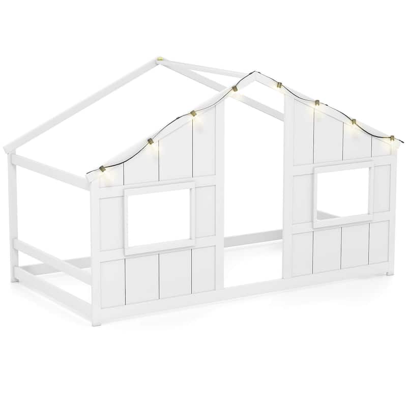 Costway Twin Size House Floor Bed with LED Lights Solid Wood Bed Frame - White