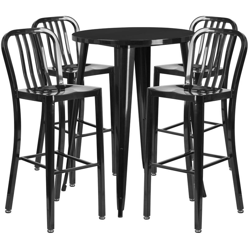 30'' Round Metal Indoor-Outdoor Bar Table Set with 4 Vertical Slat Back Stools - 30"W x 30"D x 41"H - 30"W x 30"D x 41"H - Black